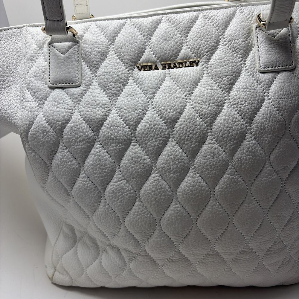 Vera Bradley Leather Quilted Ella Tote Off White 14x19x6 Nice Condition - Picture 2 of 16
